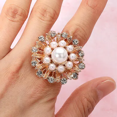 Fashnzfab Pearl Flower Stretch Ring - Cream, Gold