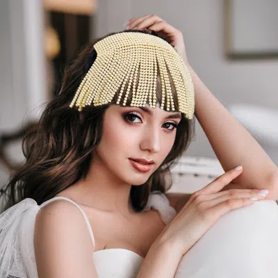 Fashnzfab Pearl Fringe Headband In Beige