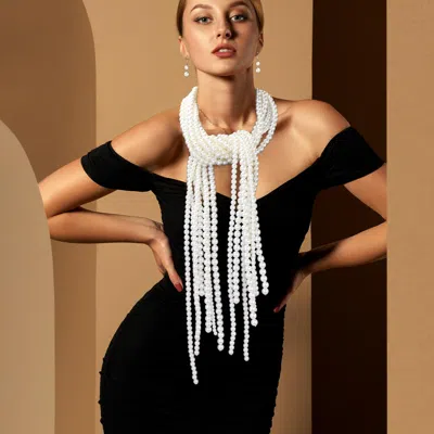 Fashnzfab Pearl Fringe Long Necklace In White