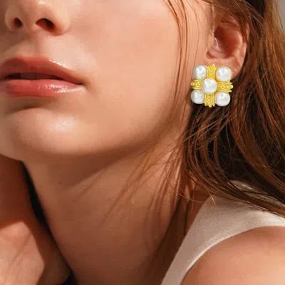 Fashnzfab Pearl Geometric Earrings In Gold