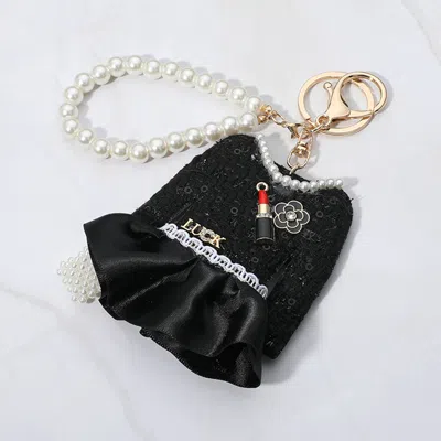 Fashnzfab Pearl Handbag Luck Tweed Jacket Keychain / Bag Charm In Black