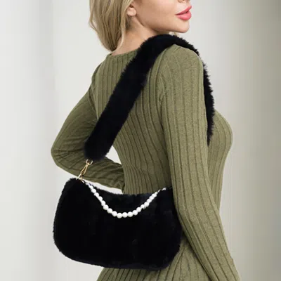 Fashnzfab Pearl Handle Accent Faux Fur Crossbody Bag In Black