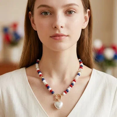 Fashnzfab Pearl Heart Charm Accent Patriotic Beaded Necklace In Multi