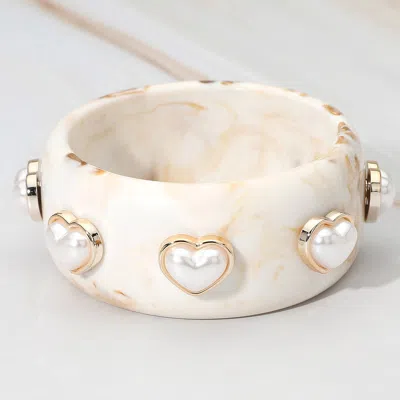 Fashnzfab Pearl Heart Cluster Accent Wide Marbled Bangle Bracelet In Metallic