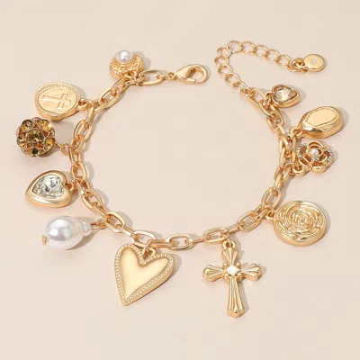 Fashnzfab Pearl Heart Cross Floral Medallion Charm Station Paperclip Chain Bracelet Cream, Matte Gold In Multi