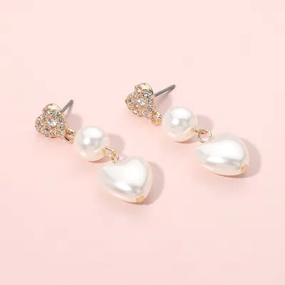 Fashnzfab Pearl Heart Link Dropdown Dangle Earrings - Cream, Gold In White