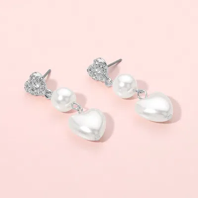Fashnzfab Pearl Heart Link Dropdown Dangle Earrings - Cream, Silver