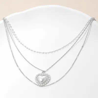 Fashnzfab Pearl Heart Pendant Accent Triple Chain Layered Necklace In Multi