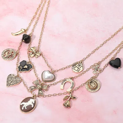 Fashnzfab Pearl Heart Western Horse Cameo Horseshoe Flower Bow Charm Embellished Triple Layered Necklace In Gold