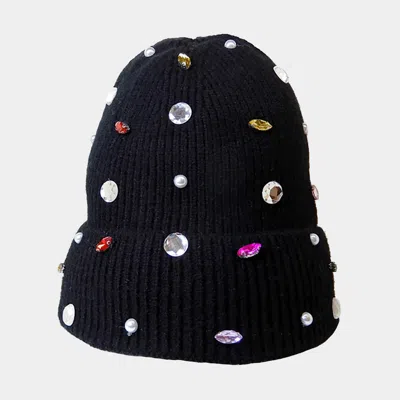 Fashnzfab Pearl Jewel Embellished Fleece Lining Knit Beanie Hat In Black