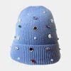 Fashnzfab Pearl Jewel Embellished Fleece Lining Knit Beanie Hat In Blue