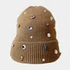 Fashnzfab Pearl Jewel Embellished Fleece Lining Knit Beanie Hat In Brown