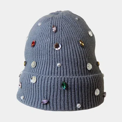 Fashnzfab Pearl Jewel Embellished Fleece Lining Knit Beanie Hat In Gray