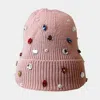 Fashnzfab Pearl Jewel Embellished Fleece Lining Knit Beanie Hat In Pink