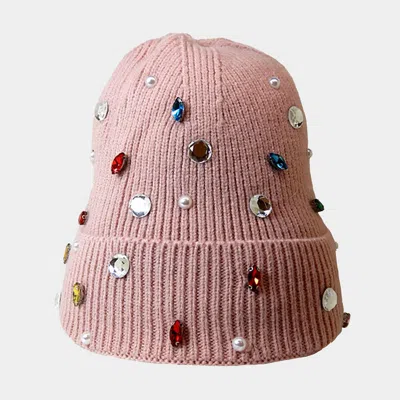 Fashnzfab Pearl Jewel Embellished Fleece Lining Knit Beanie Hat In Pink