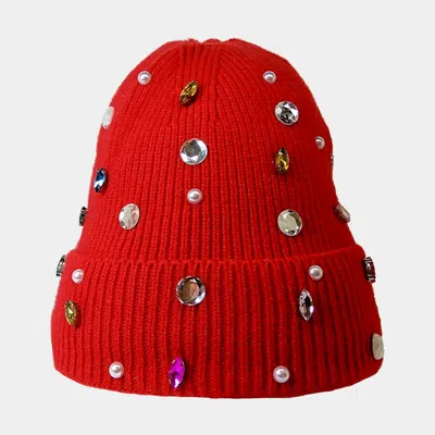 Fashnzfab Pearl Jewel Embellished Fleece Lining Knit Beanie Hat In Red