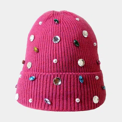 Fashnzfab Pearl Jewel Embellished Fleece Lining Knit Beanie Hat In Red