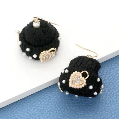 Fashnzfab Pearl Key Heart Lock Embellished Knit Beanie Hat Dangle Earrings In Black