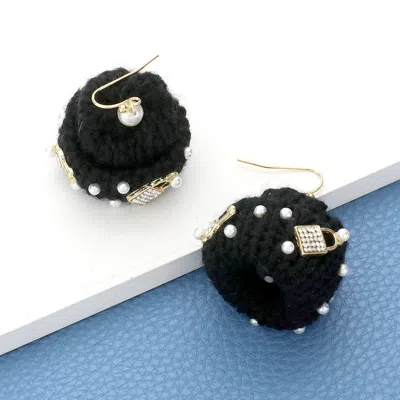 Fashnzfab Pearl Key Lock Embellished Knit Beanie Hat Dangle Earrings In Black