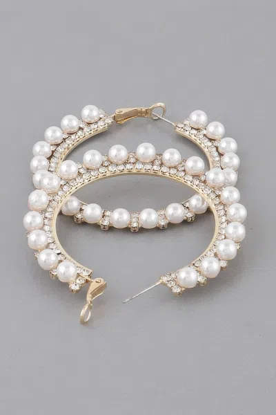 Fashnzfab Pearl Lined Rhinestone Hoop Earrings In Gold