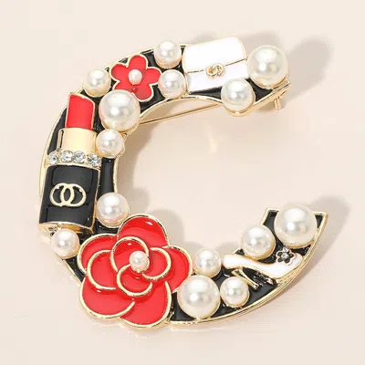 Fashnzfab Pearl Lipstick Flower Embellished Letter C Pin Brooch In Gold