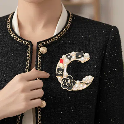 Fashnzfab Pearl Lipstick Flower Embellished Letter C Pin Brooch In Gold