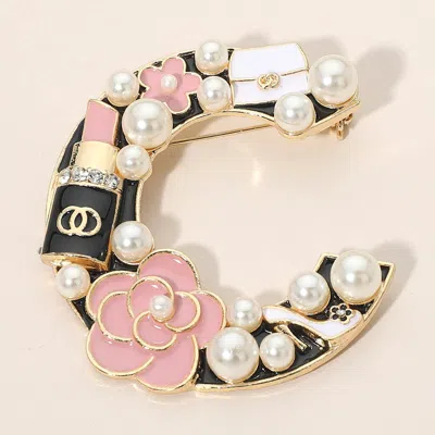 Fashnzfab Pearl Lipstick Flower Embellished Letter C Pin Brooch In Multi