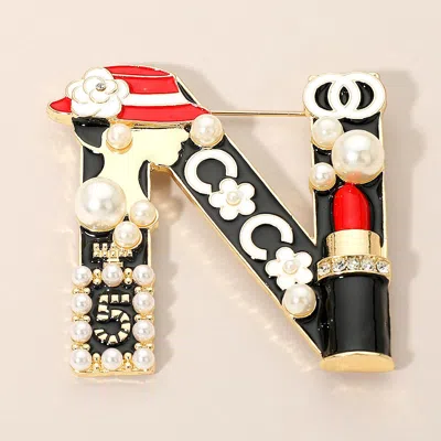 Fashnzfab Pearl Lipstick Lady Floral Lipstick Embellished Letter N Pin Brooch In Multi