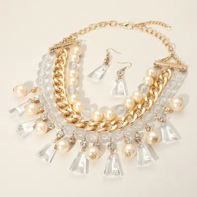 Fashnzfab Pearl Lucite Bead Statement Necklace In Gold