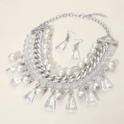 Fashnzfab Pearl Lucite Bead Statement Necklace In Silver