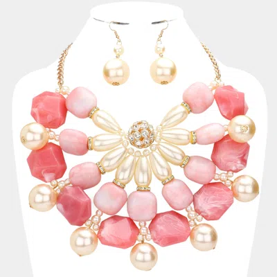 Fashnzfab Pearl Marbled Stone Cluster Statement Necklace In Pink
