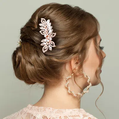 Fashnzfab Pearl Marquise Stone Accented Leaf Hair Comb In Silver