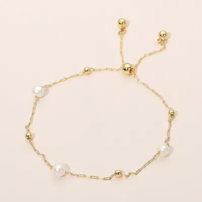 Fashnzfab Pearl Metal Ball Bead Chain Adjustable Cinch Pull Tie Bracelet In Silver
