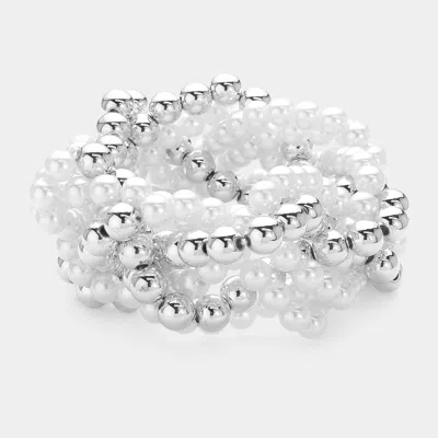 Fashnzfab Pearl Metal Ball Beaded Twisted Stretch Bracelet Rhodium, White In Multi