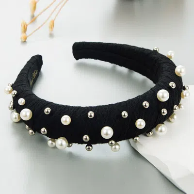 Fashnzfab Pearl Metal Ball Embellished Padded Headband In Black