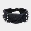 Fashnzfab Pearl Metal Ball Round Stone Embellished Knot Burnout Pleated Headband In Black