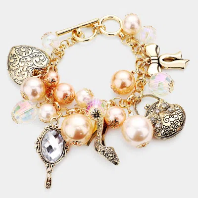 Fashnzfab Pearl Metal Bow Bag Stiletto Heel Mirror Heart Charm Toggle Bracelet Antique Gold In Silver
