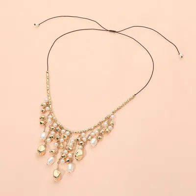 Fashnzfab Pearl Metal Chain Drop Beaded Adjustable Cinch Pull Tie Necklace In Silver