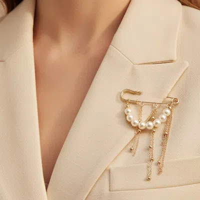 Fashnzfab Pearl Metal Chain Tassel Safety Pin Brooch In Gold