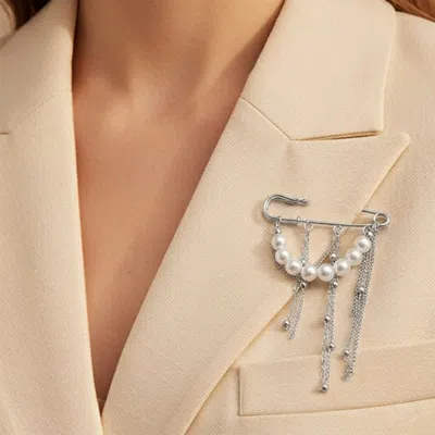 Fashnzfab Pearl Metal Chain Tassel Safety Pin Brooch In Silver