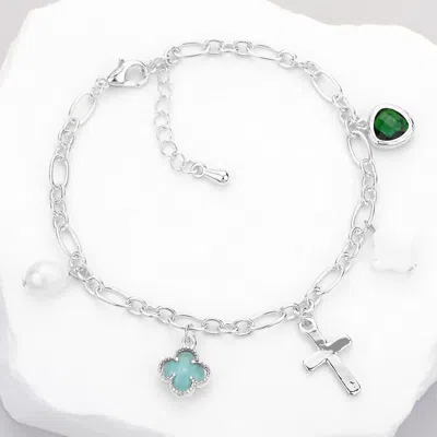 Fashnzfab Pearl Metal Cross Quatrefoil Stone Charm Station Bracelet Multi, Silver
