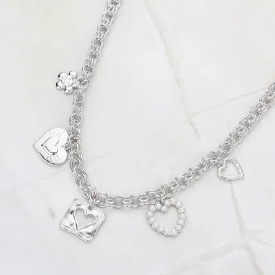 Fashnzfab Pearl Metal Heart Flower Charm Station Necklace In Silver