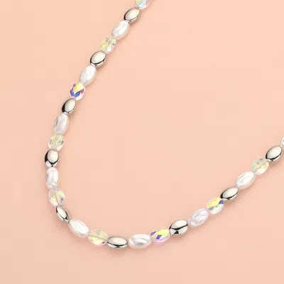Fashnzfab Pearl Metal Pebble Faceted Beaded Necklace In Metallic