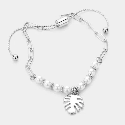 Fashnzfab Pearl Metal Tropical Leaf Charm Adjustable Pull Tie Bracelet Rhodium In Silver