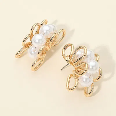 Fashnzfab Pearl Metal Wire Hoop Earrings In Gold