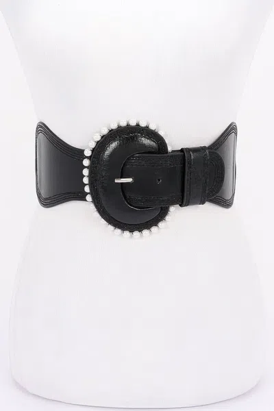 Fashnzfab Pearl Metallic Pu Elastic Belt In Black