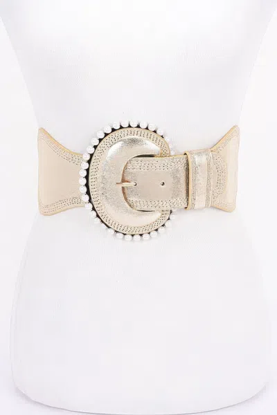 Fashnzfab Pearl Metallic Pu Elastic Belt In Gold