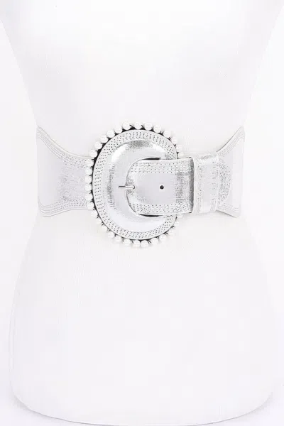 Fashnzfab Pearl Metallic Pu Elastic Belt In Silver