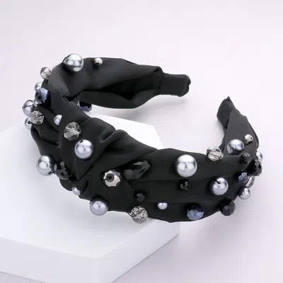 Fashnzfab Pearl Multi Bead Embellished Knot Burnout Headband In Black