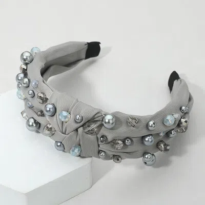 Fashnzfab Pearl Multi Bead Embellished Knot Burnout Headband In Gray